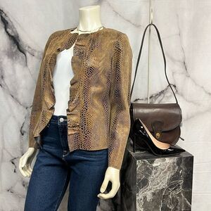 Brown caramel snake, leather, long sleeve, jacket with front ruffle trim